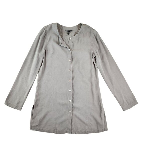 Eileen Fisher Grey 100% Silk The Long Shirt XXS Button Up Lightweight Tunic Boho - Picture 1 of 7